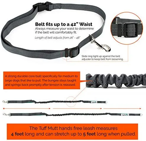 Tuff Mutt, Correa para perros, manos libres, para correr, caminar, senderismo, correa con mango doble durable, costura reflectante, 4 pies de largo, cinto ajustable en la cintura (hasta 42 pulgadas de cintura)