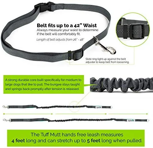 Tuff Mutt, Correa para perros, manos libres, para correr, caminar, senderismo, correa con mango doble durable, costura reflectante, 4 pies de largo, cinto ajustable en la cintura (hasta 42 pulgadas de cintura)
