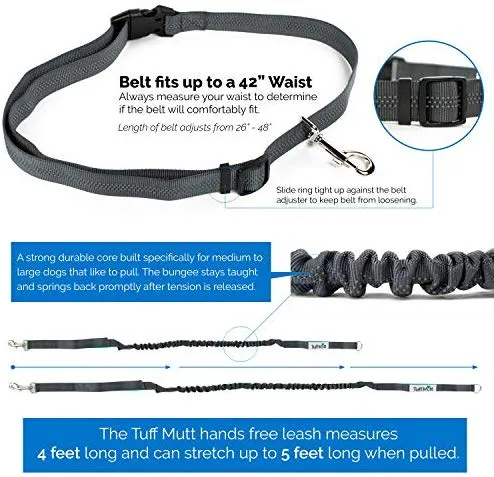 Tuff Mutt, Correa para perros, manos libres, para correr, caminar, senderismo, correa con mango doble durable, costura reflectante, 4 pies de largo, cinto ajustable en la cintura (hasta 42 pulgadas de cintura)
