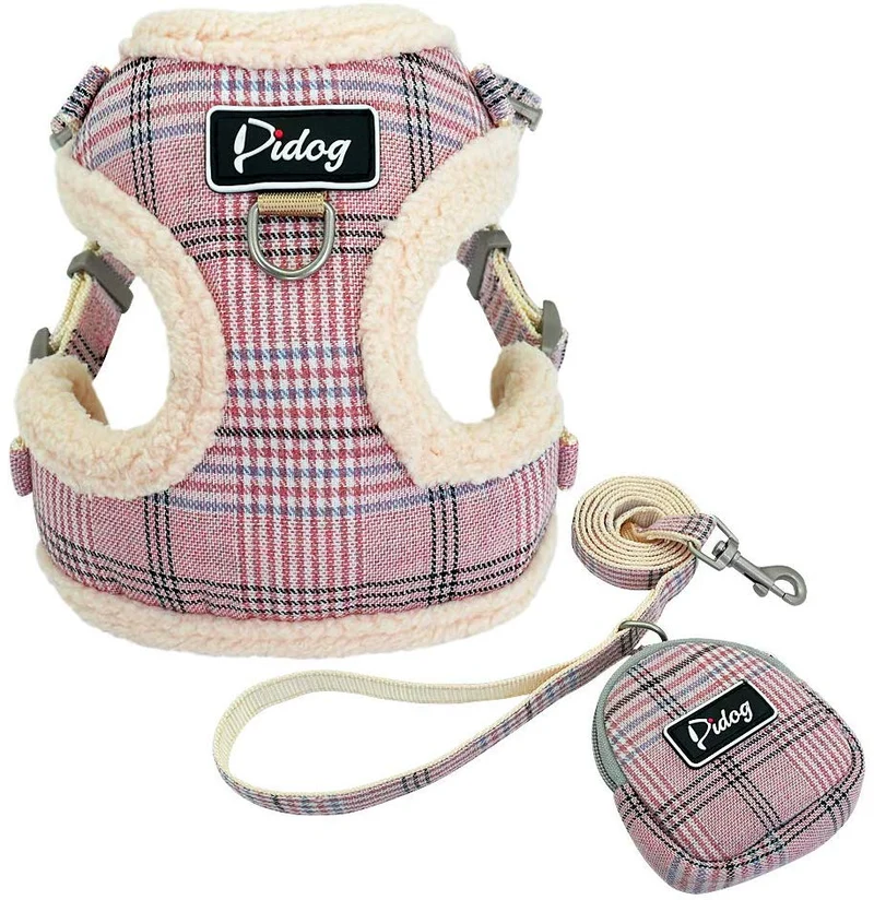 Didog Juego de arnés y correa para perro suave/acogedor, con bonitas bolsas, arnés de malla transpirable a prueba de fugas, clásico a cuadros/espalda abierta, para perros pequeños, gatos