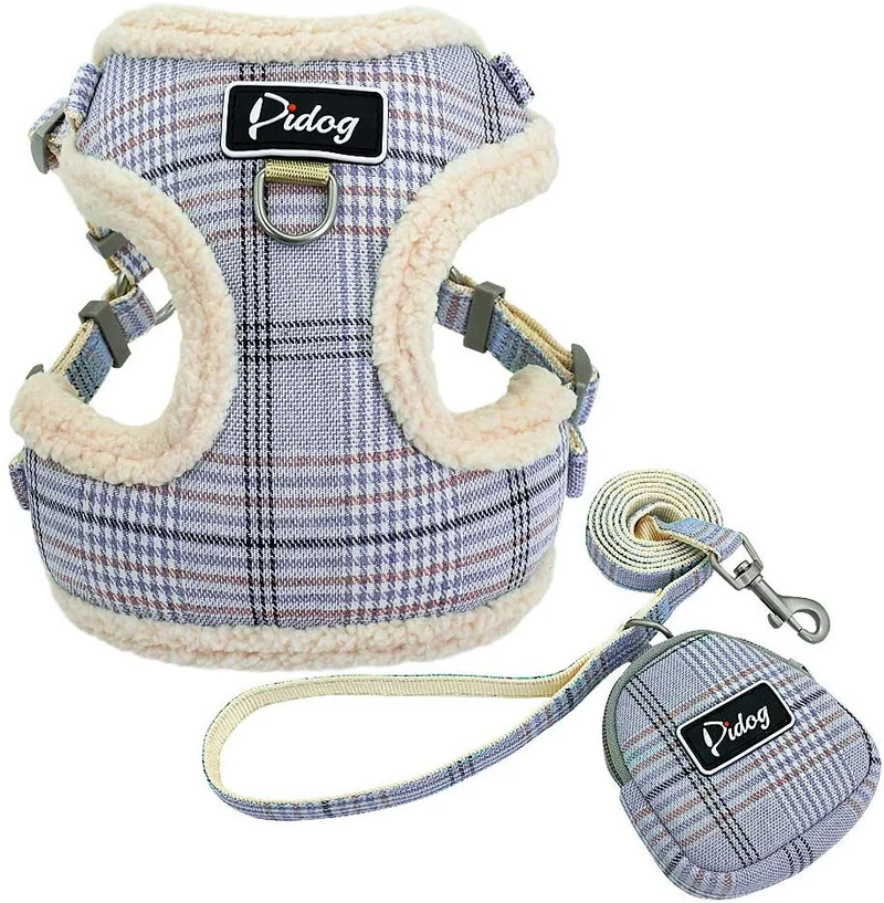 Didog Juego de arnés y correa para perro suave/acogedor, con bonitas bolsas, arnés de malla transpirable a prueba de fugas, clásico a cuadros/espalda abierta, para perros pequeños, gatos