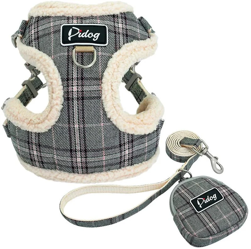 Didog Juego de arnés y correa para perro suave/acogedor, con bonitas bolsas, arnés de malla transpirable a prueba de fugas, clásico a cuadros/espalda abierta, para perros pequeños, gatos