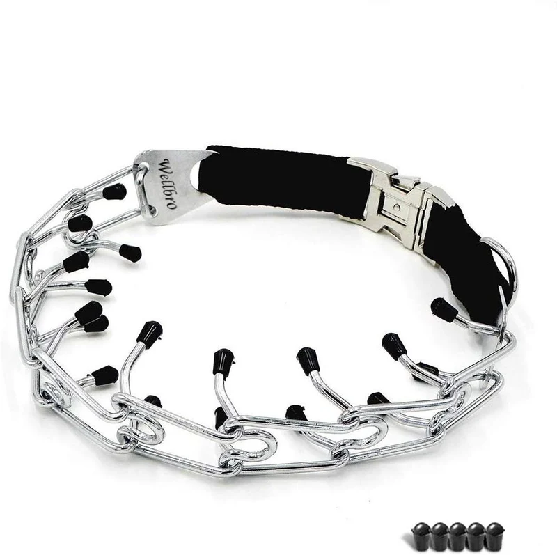Wellbro collar de entrenamiento con dientes de metal para perros grandes y medianos (Pit Bull, pastor alemán), con hebilla a presión de liberación rápida y puntas de hule, plateado y regulable