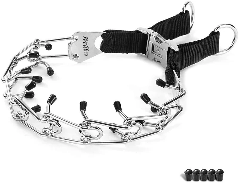 Wellbro collar de entrenamiento con dientes de metal para perros grandes y medianos (Pit Bull, pastor alemán), con hebilla a presión de liberación rápida y puntas de hule, plateado y regulable