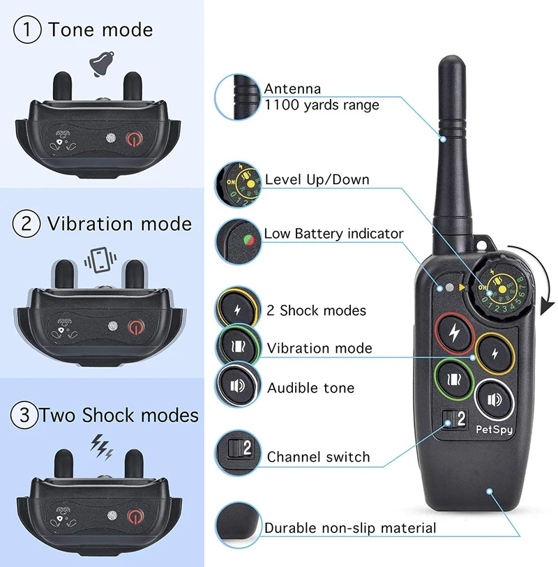 PetSpy Collar de choque Premium para entrenamiento de perros, con vibración, choque y pitido, recargable e impermeable, E-collar, El mejor entrenador a distancia