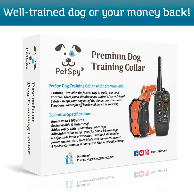 PetSpy Collar de choque Premium para entrenamiento de perros, con vibración, choque y pitido, recargable e impermeable, E-collar, El mejor entrenador a distancia