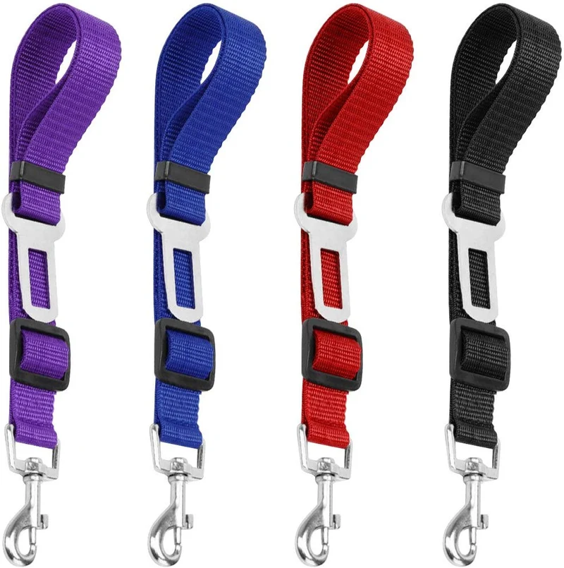 YuCool - Cinturón de seguridad ajustable para mascotas y gatos, 4 unidades, para coche, arnés de coche, tela de nailon, color negro, azul, rojo, morado