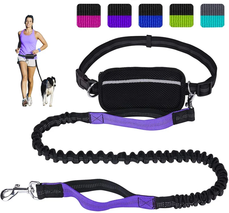 Correa para perro de LANNEY, manos libres, para correr, caminar, entrenamiento, senderismo, con doble asa, con correa reflectante, bolsa dispensadora de bolsa de cuna, cinturón ajustable para la cintura, absorción de golpes, ideal para perros medianos a g