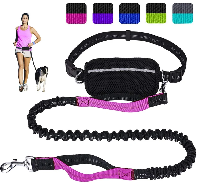 Correa para perro de LANNEY, manos libres, para correr, caminar, entrenamiento, senderismo, con doble asa, con correa reflectante, bolsa dispensadora de bolsa de cuna, cinturón ajustable para la cintura, absorción de golpes, ideal para perros medianos a g