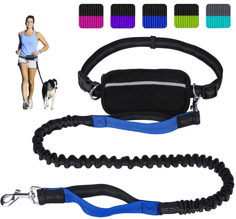 Correa para perro de LANNEY, manos libres, para correr, caminar, entrenamiento, senderismo, con doble asa, con correa reflectante, bolsa dispensadora de bolsa de cuna, cinturón ajustable para la cintura, absorción de golpes, ideal para perros medianos a g