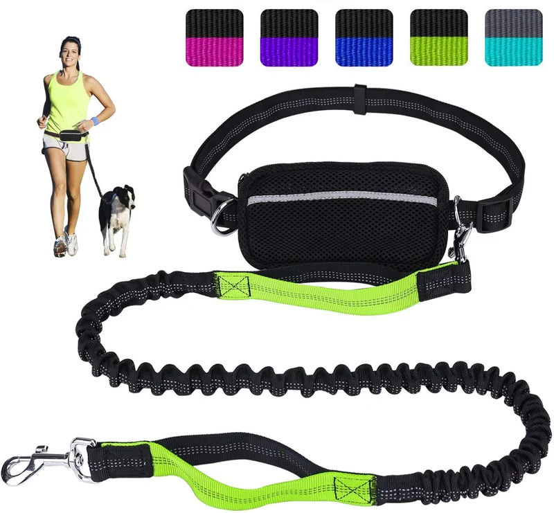 Correa para perro de LANNEY, manos libres, para correr, caminar, entrenamiento, senderismo, con doble asa, con correa reflectante, bolsa dispensadora de bolsa de cuna, cinturón ajustable para la cintura, absorción de golpes, ideal para perros medianos a g