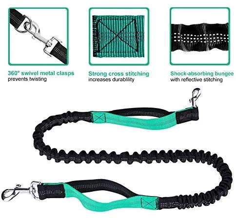Correa para perro de LANNEY, manos libres, para correr, caminar, entrenamiento, senderismo, con doble asa, con correa reflectante, bolsa dispensadora de bolsa de cuna, cinturón ajustable para la cintura, absorción de golpes, ideal para perros medianos a g