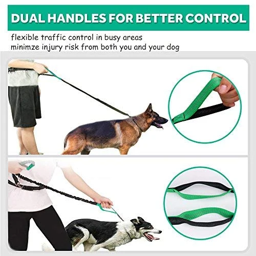 Correa para perro de LANNEY, manos libres, para correr, caminar, entrenamiento, senderismo, con doble asa, con correa reflectante, bolsa dispensadora de bolsa de cuna, cinturón ajustable para la cintura, absorción de golpes, ideal para perros medianos a g