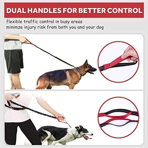 Correa para perro de LANNEY, manos libres, para correr, caminar, entrenamiento, senderismo, con doble asa, con correa reflectante, bolsa dispensadora de bolsa de cuna, cinturón ajustable para la cintura, absorción de golpes, ideal para perros medianos a g