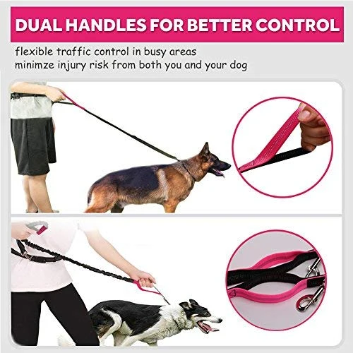 Correa para perro de LANNEY, manos libres, para correr, caminar, entrenamiento, senderismo, con doble asa, con correa reflectante, bolsa dispensadora de bolsa de cuna, cinturón ajustable para la cintura, absorción de golpes, ideal para perros medianos a g