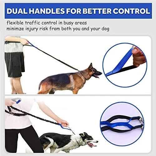 Correa para perro de LANNEY, manos libres, para correr, caminar, entrenamiento, senderismo, con doble asa, con correa reflectante, bolsa dispensadora de bolsa de cuna, cinturón ajustable para la cintura, absorción de golpes, ideal para perros medianos a g