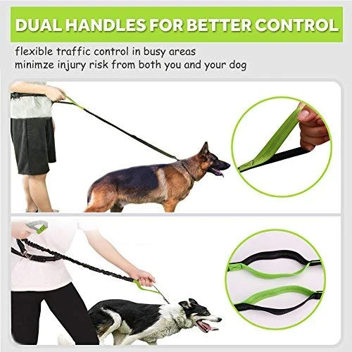 Correa para perro de LANNEY, manos libres, para correr, caminar, entrenamiento, senderismo, con doble asa, con correa reflectante, bolsa dispensadora de bolsa de cuna, cinturón ajustable para la cintura, absorción de golpes, ideal para perros medianos a g