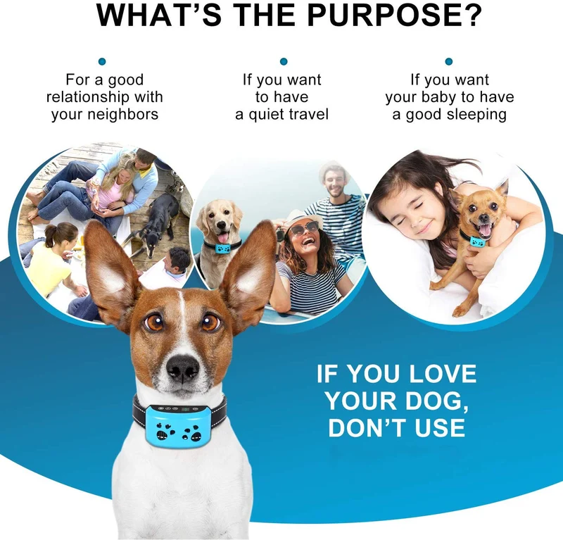 TOTIE Collar de corteza para perro – 7 niveles de sensibilidad e intensidad ajustables, modos de resistencia duales, recargable, resistente a la lluvia, reflectante, sin control de ladridos para perros pequeños, medianos y grandes., s, Azul
