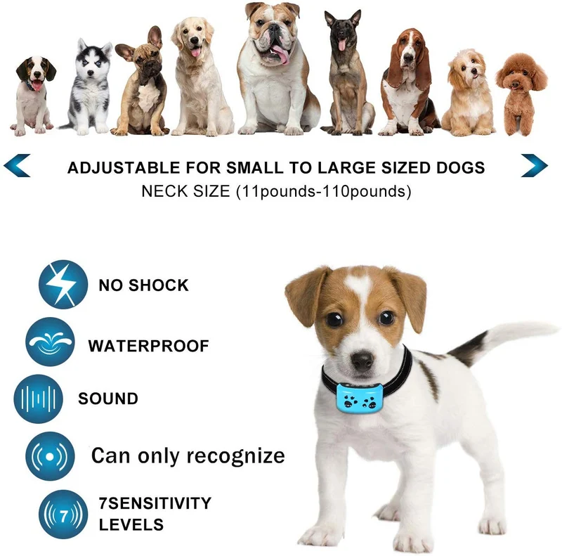 TOTIE Collar de corteza para perro – 7 niveles de sensibilidad e intensidad ajustables, modos de resistencia duales, recargable, resistente a la lluvia, reflectante, sin control de ladridos para perros pequeños, medianos y grandes., s, Azul