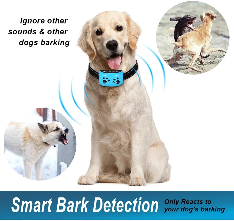 TOTIE Collar de corteza para perro – 7 niveles de sensibilidad e intensidad ajustables, modos de resistencia duales, recargable, resistente a la lluvia, reflectante, sin control de ladridos para perros pequeños, medianos y grandes., s, Azul