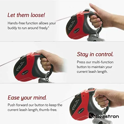 Beastron - Correa retráctil para perro, de nailon extralargo, de 16 pies, para perros medianos a grandes, hasta 110 libras, con un botón de cierre y rotura, bolsa de residuos y dispensador incluidos
