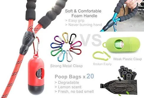 BAAPET Correa antideslizante para perro de 6 pies, antiasfixia con cubierta de cuerda duradera mejorada y asa acolchada cómoda para perros grandes, medianos y pequeños entrenamientos con bolsas de caca y dispensador