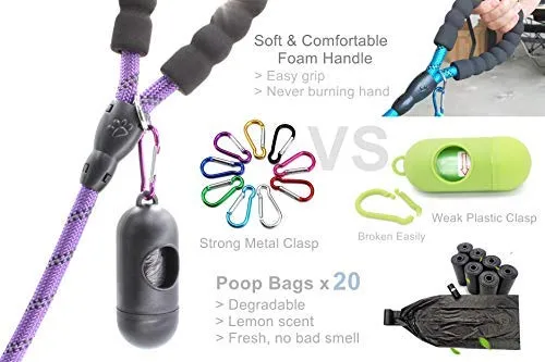 BAAPET Correa antideslizante para perro de 6 pies, antiasfixia con cubierta de cuerda duradera mejorada y asa acolchada cómoda para perros grandes, medianos y pequeños entrenamientos con bolsas de caca y dispensador