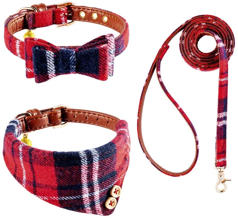 EXPAWLORER Juego de collar y correa para perro, clásico, a cuadros, ajustable, bandana y collares con campana para cachorros y gatos, 3 unidades
