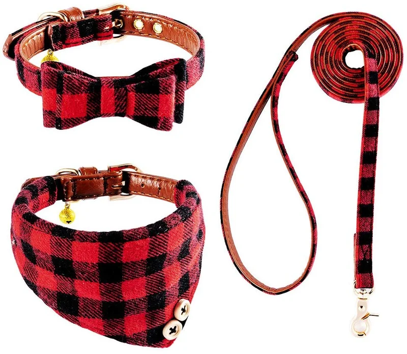 EXPAWLORER Juego de collar y correa para perro, clásico, a cuadros, ajustable, bandana y collares con campana para cachorros y gatos, 3 unidades
