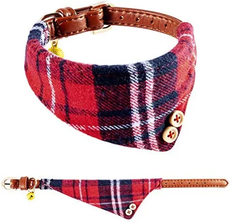 EXPAWLORER Juego de collar y correa para perro, clásico, a cuadros, ajustable, bandana y collares con campana para cachorros y gatos, 3 unidades