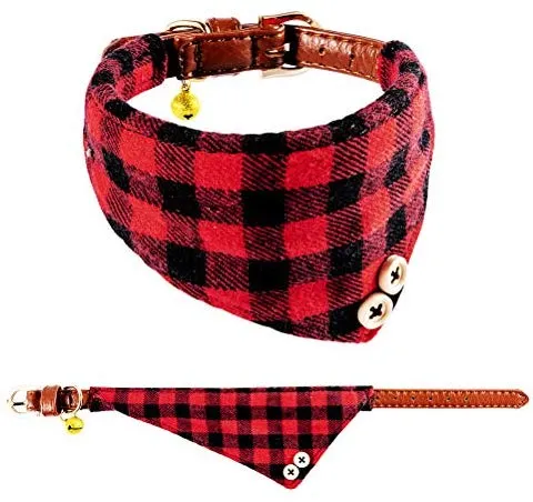 EXPAWLORER Juego de collar y correa para perro, clásico, a cuadros, ajustable, bandana y collares con campana para cachorros y gatos, 3 unidades