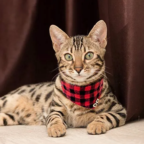 EXPAWLORER Juego de collar y correa para perro, clásico, a cuadros, ajustable, bandana y collares con campana para cachorros y gatos, 3 unidades