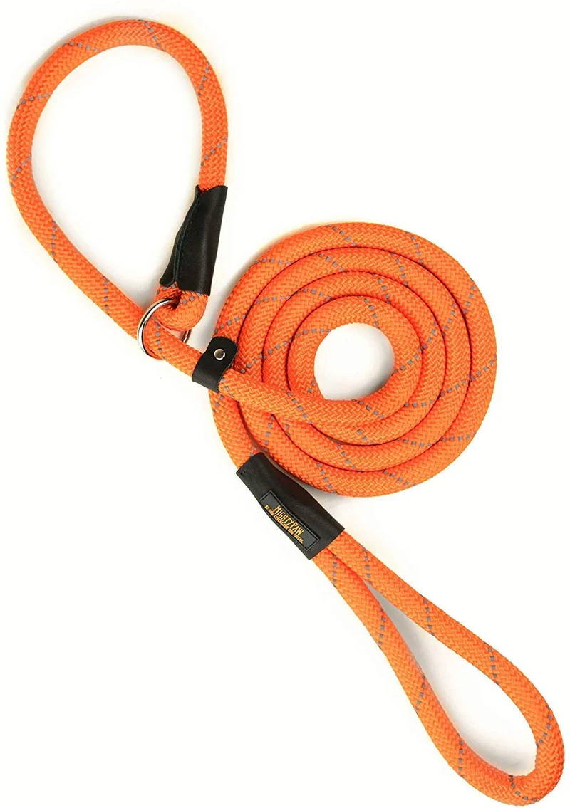 Correa para perro Mighty Paw Slip Rope | 6 pies, talla única, correa de cuerda deslizante. Fácil de poner, no necesita collar o arnés. Cuerda de escalador duradera y resistente a la intemperie con costuras reflectantes (naranja)