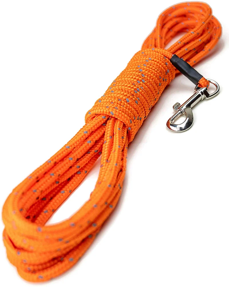 Mighty Paw Check Cord | Light Weight 30 Foot Dog Training Leash. Durable, Weather Resistant Climbers’ Rope with Reflective Stitching. Perfect for Training, Swimming, Hunting, Camping. (Orange)