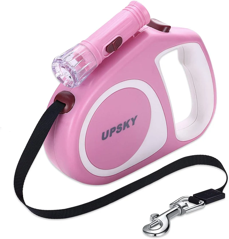 Upsky Correa retráctil para perro, 16 pies, escalable, correa para caminar para perro con linterna brillante para pequeño-mediano, libre de movimiento, un botón de rotura y bloqueo