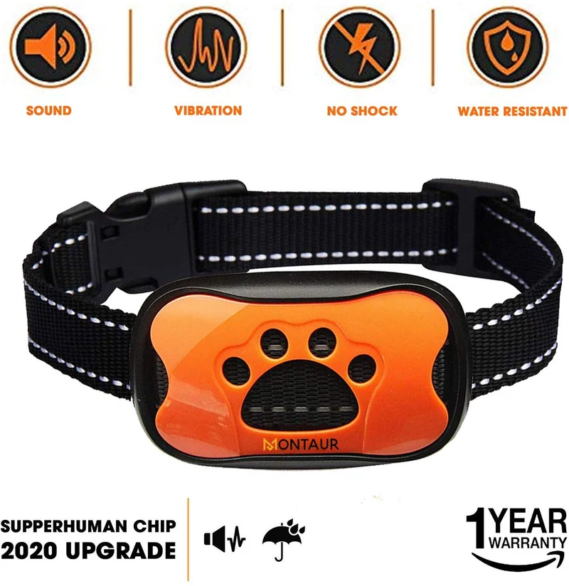MONTAUR Collar de corteza de perro – sin vibración y sin sonido para perros – 7 niveles de sensibilidad anti ladridos – Collar de control de ladridos – 100% impermeable sin corteza, L, M, S, Anaranjado/azul