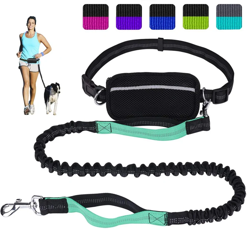 Correa para perro de LANNEY, manos libres, para correr, caminar, entrenamiento, senderismo, con doble asa, con correa reflectante, bolsa dispensadora de bolsa de cuna, cinturón ajustable para la cintura, absorción de golpes, ideal para perros medianos a g