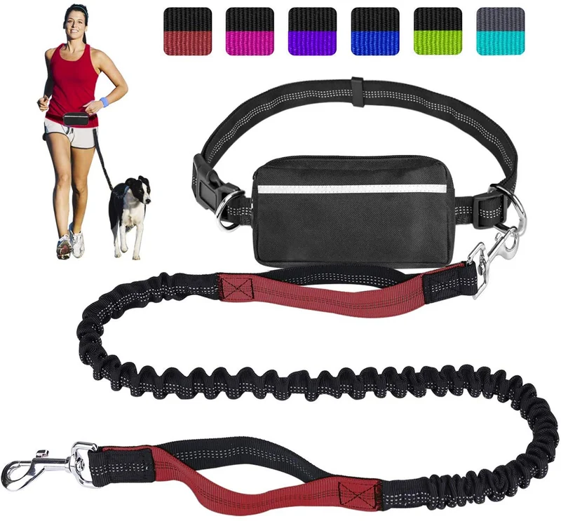 Correa para perro de LANNEY, manos libres, para correr, caminar, entrenamiento, senderismo, con doble asa, con correa reflectante, bolsa dispensadora de bolsa de cuna, cinturón ajustable para la cintura, absorción de golpes, ideal para perros medianos a g