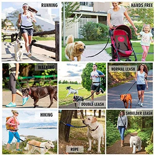 Correa para perro de LANNEY, manos libres, para correr, caminar, entrenamiento, senderismo, con doble asa, con correa reflectante, bolsa dispensadora de bolsa de cuna, cinturón ajustable para la cintura, absorción de golpes, ideal para perros medianos a g