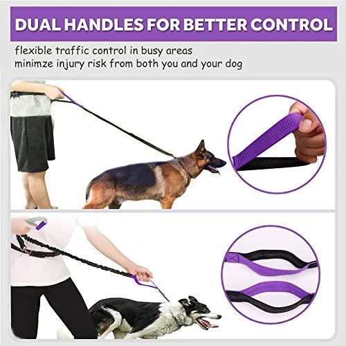 Correa para perro de LANNEY, manos libres, para correr, caminar, entrenamiento, senderismo, con doble asa, con correa reflectante, bolsa dispensadora de bolsa de cuna, cinturón ajustable para la cintura, absorción de golpes, ideal para perros medianos a g