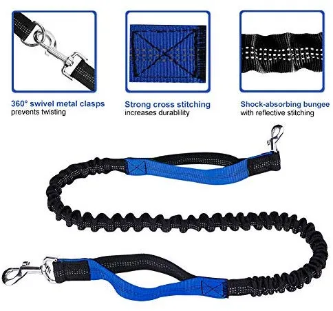 Correa para perro de LANNEY, manos libres, para correr, caminar, entrenamiento, senderismo, con doble asa, con correa reflectante, bolsa dispensadora de bolsa de cuna, cinturón ajustable para la cintura, absorción de golpes, ideal para perros medianos a g