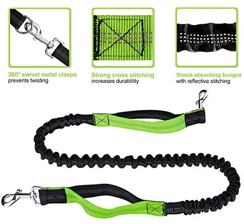 Correa para perro de LANNEY, manos libres, para correr, caminar, entrenamiento, senderismo, con doble asa, con correa reflectante, bolsa dispensadora de bolsa de cuna, cinturón ajustable para la cintura, absorción de golpes, ideal para perros medianos a g