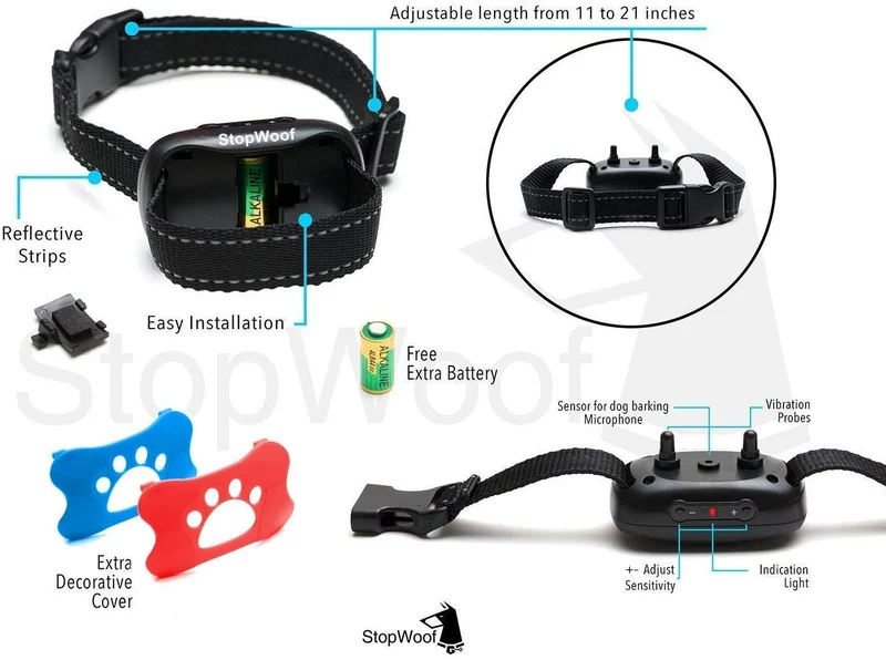 StopWoof - Collar de corteza para perros – Modo de cuidado humano, vibración y sonido – Dispositivo de entrenamiento sin choque para razas pequeñas, medianas y grandes – No daña el control vibratorio – reflectante y automático sin mando a distancia