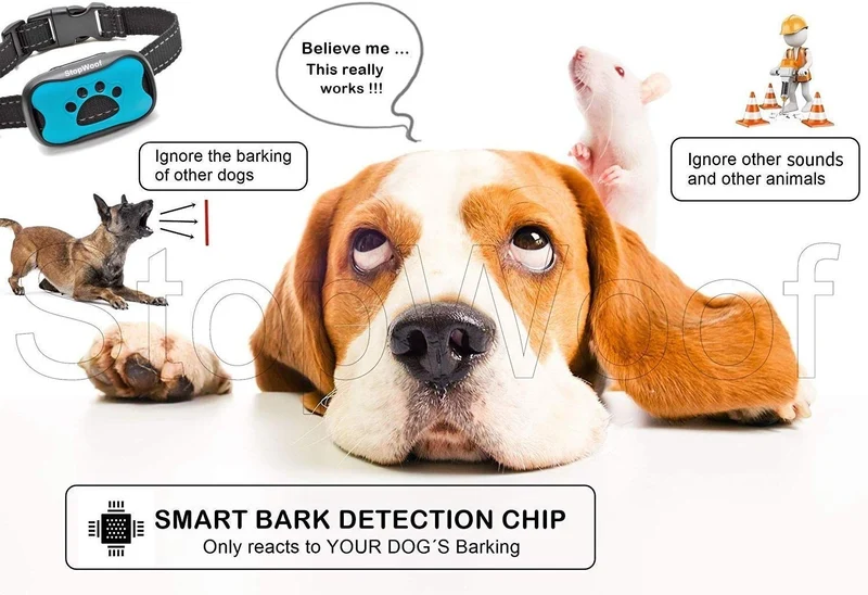 StopWoof - Collar de corteza para perros – Modo de cuidado humano, vibración y sonido – Dispositivo de entrenamiento sin choque para razas pequeñas, medianas y grandes – No daña el control vibratorio – reflectante y automático sin mando a distancia
