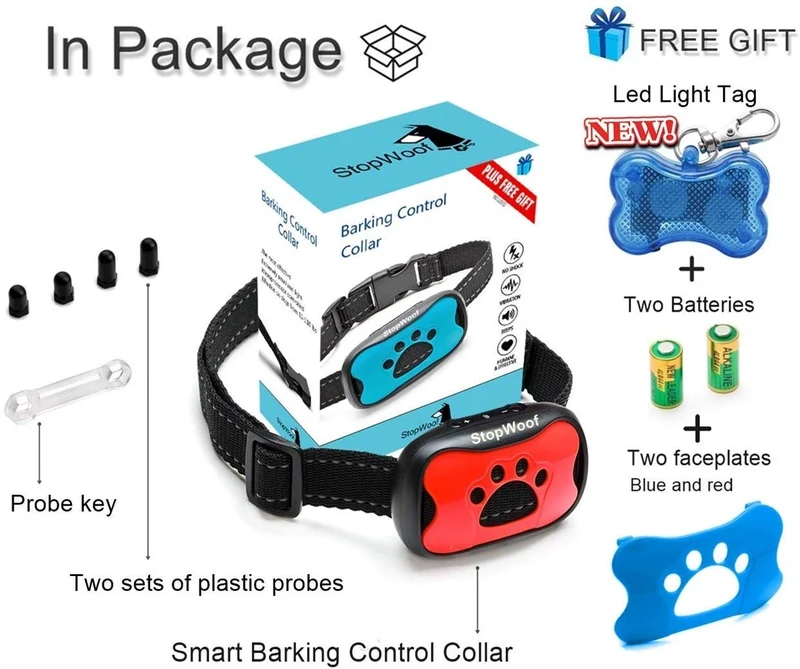 StopWoof - Collar de corteza para perros – Modo de cuidado humano, vibración y sonido – Dispositivo de entrenamiento sin choque para razas pequeñas, medianas y grandes – No daña el control vibratorio – reflectante y automático sin mando a distancia