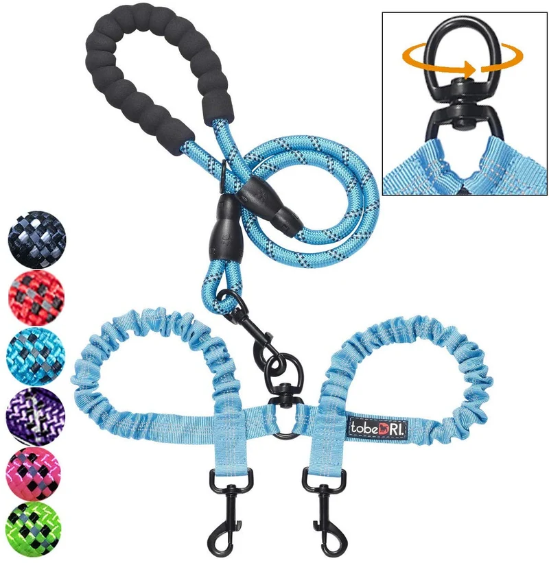 tobeDRI - Correa para perro doble, cómoda, sin enredos, con amortiguación elástica, reflectante, 2 correas para perros grandes, medianos y pequeños