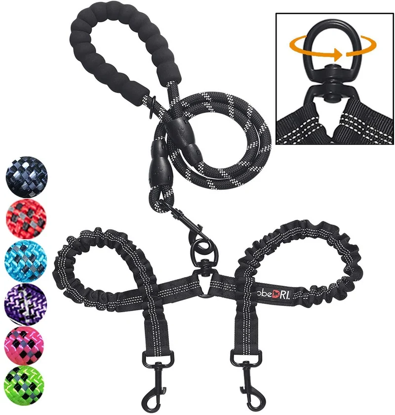 tobeDRI - Correa para perro doble, cómoda, sin enredos, con amortiguación elástica, reflectante, 2 correas para perros grandes, medianos y pequeños