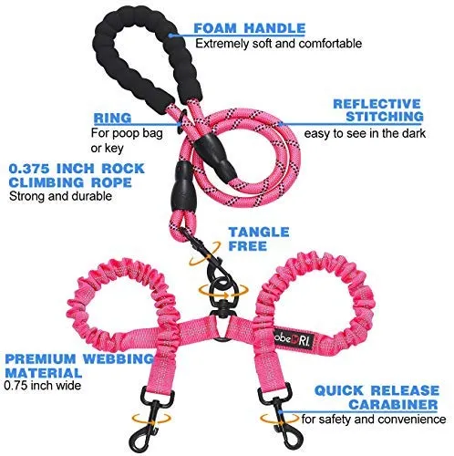 tobeDRI - Correa para perro doble, cómoda, sin enredos, con amortiguación elástica, reflectante, 2 correas para perros grandes, medianos y pequeños