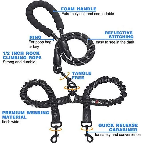 tobeDRI - Correa para perro doble, cómoda, sin enredos, con amortiguación elástica, reflectante, 2 correas para perros grandes, medianos y pequeños