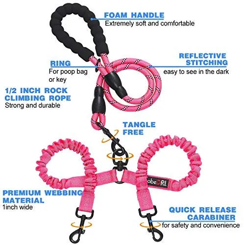 tobeDRI - Correa para perro doble, cómoda, sin enredos, con amortiguación elástica, reflectante, 2 correas para perros grandes, medianos y pequeños